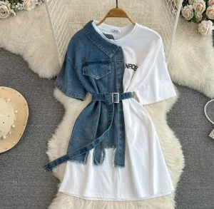 Casual Mid-Length Round Neck Denim Color Shirt with Belt    565839