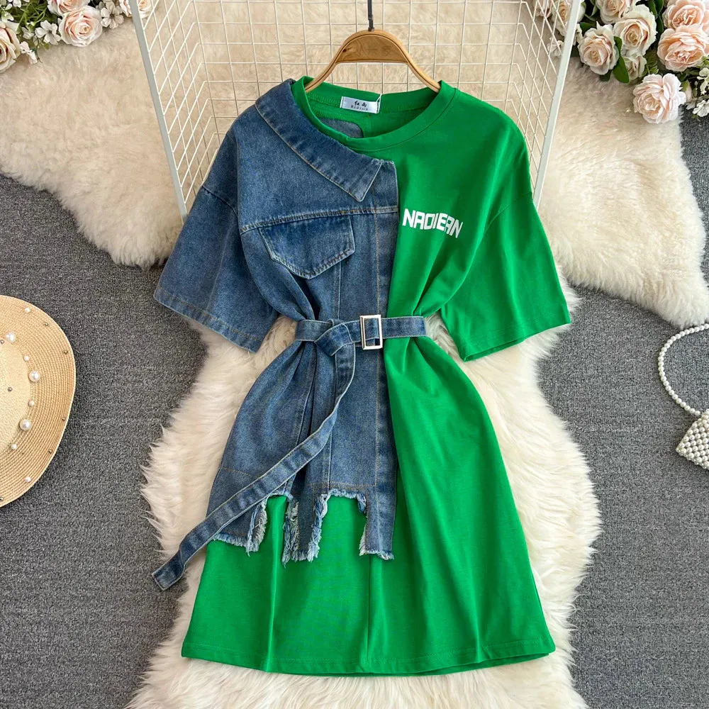 Casual Mid-Length Round Neck Denim Color Shirt with Belt    565839