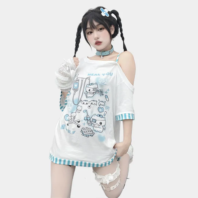 Japanese Jirai Kei Style Off-shoulder Cartoon Print Loose T-shirt