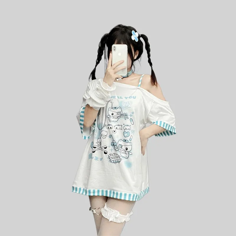 Japanese Jirai Kei Style Off-shoulder Cartoon Print Loose T-shirt