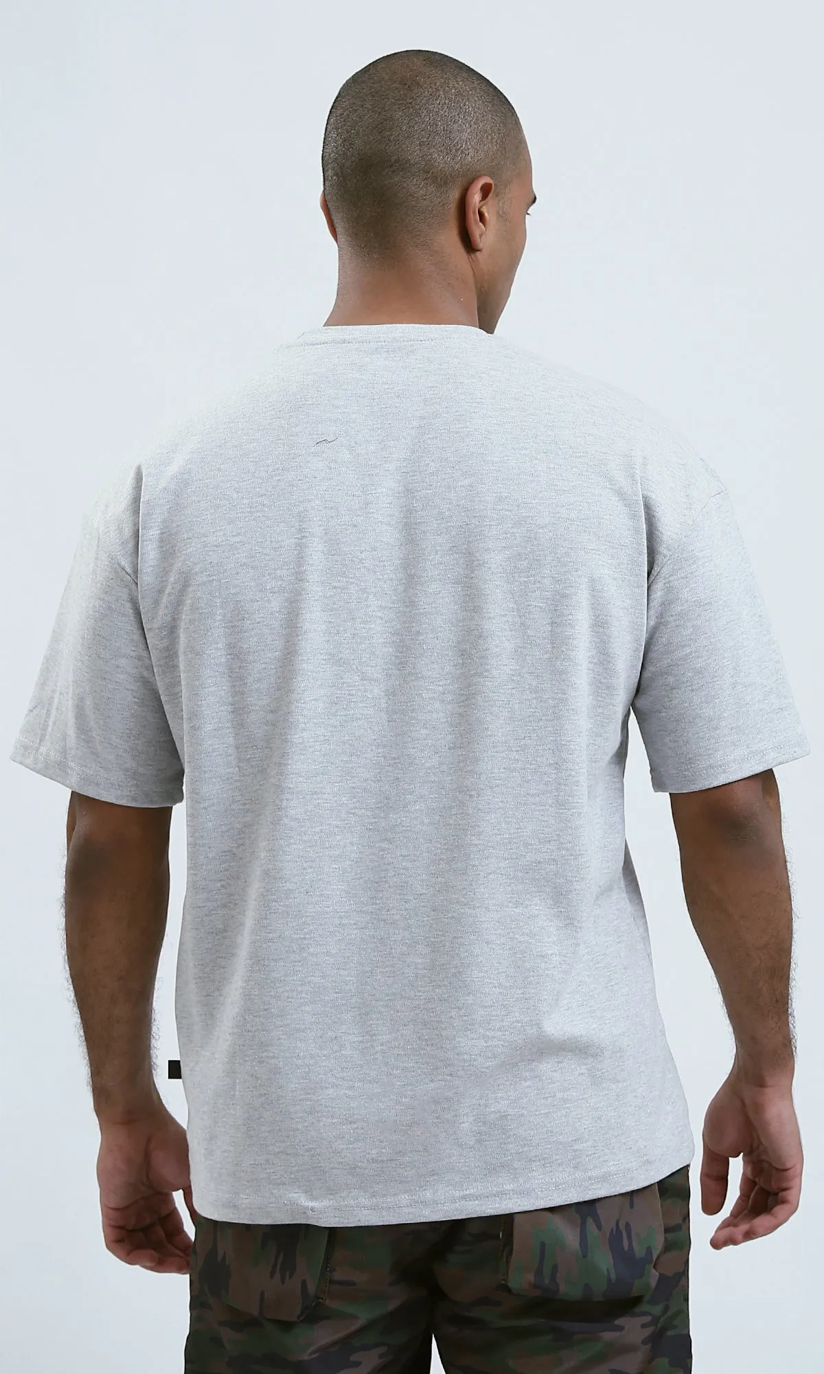O191637 - Relaxed Fit Printed Light Grey Tee with Elbow Sleeves