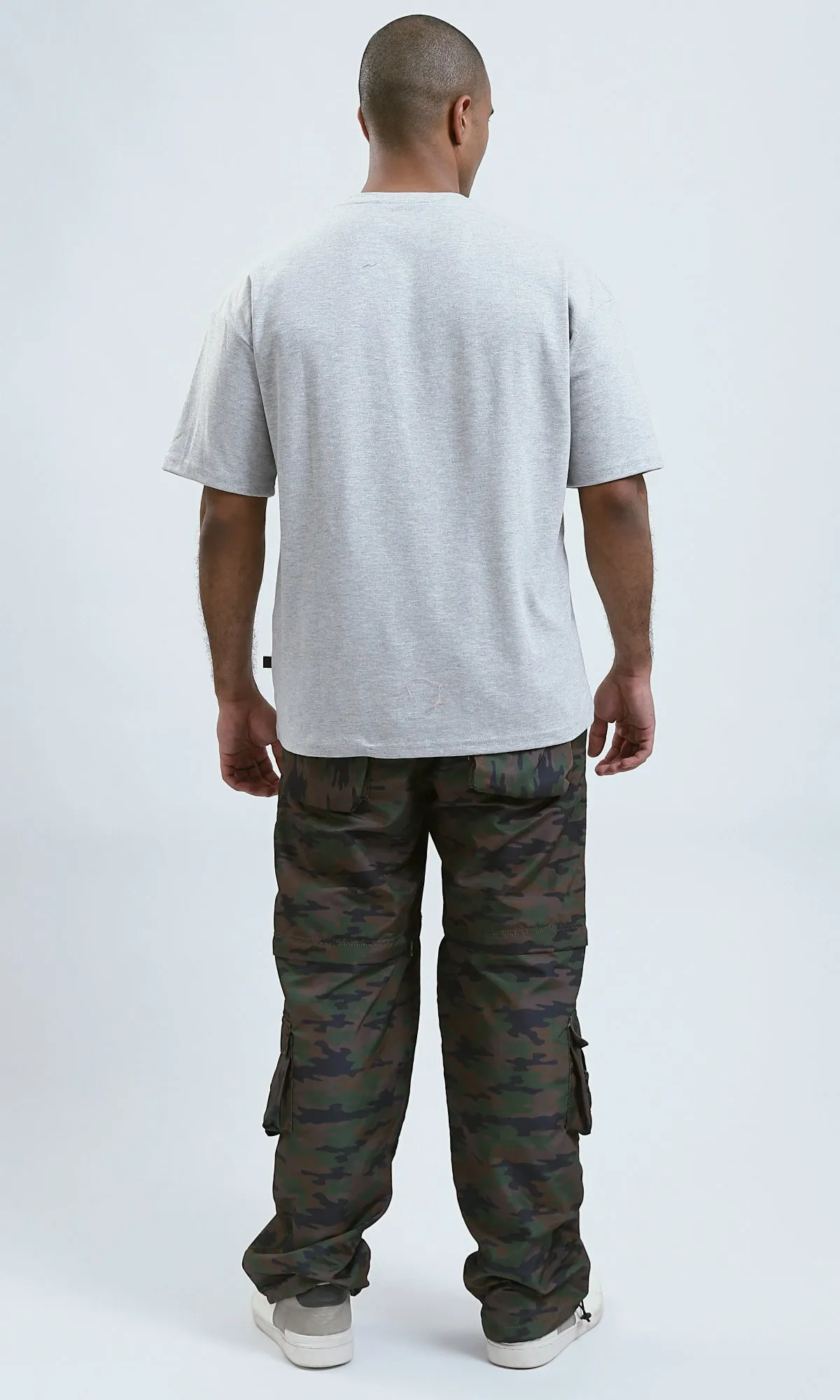 O191637 - Relaxed Fit Printed Light Grey Tee with Elbow Sleeves