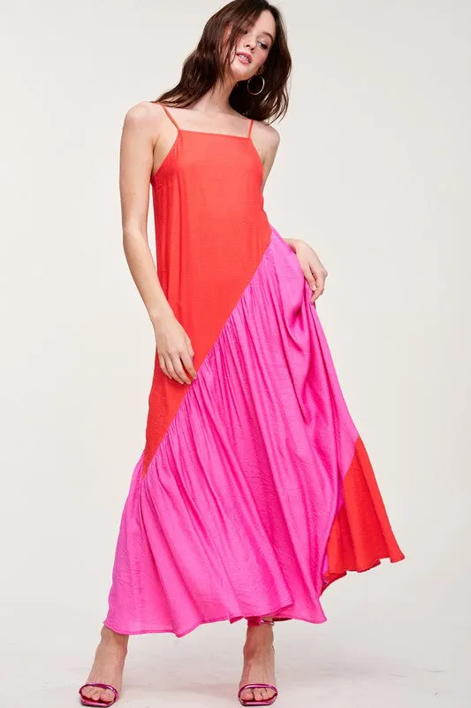 Pink Red Oblique Colorbloack Maxi Dress