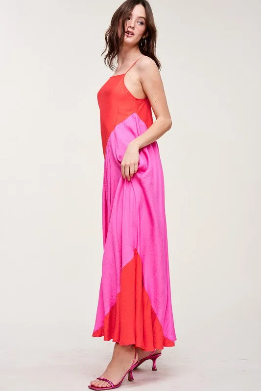 Pink Red Oblique Colorbloack Maxi Dress