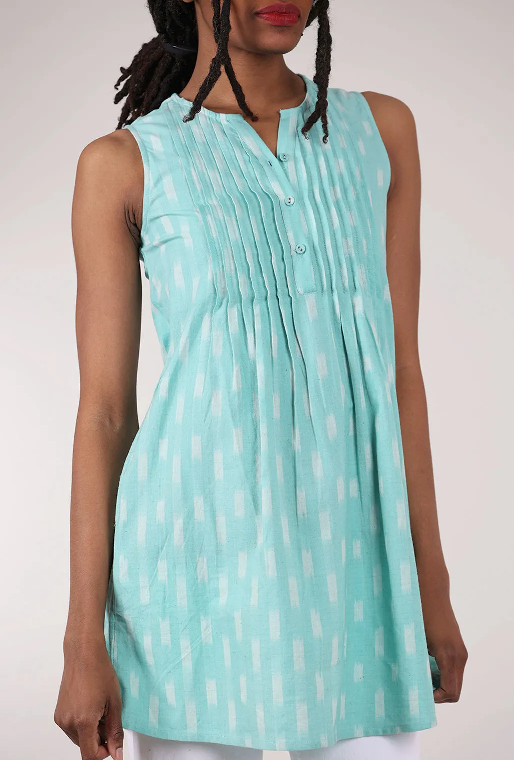 Pleat Detail Ikat Dress, Aqua