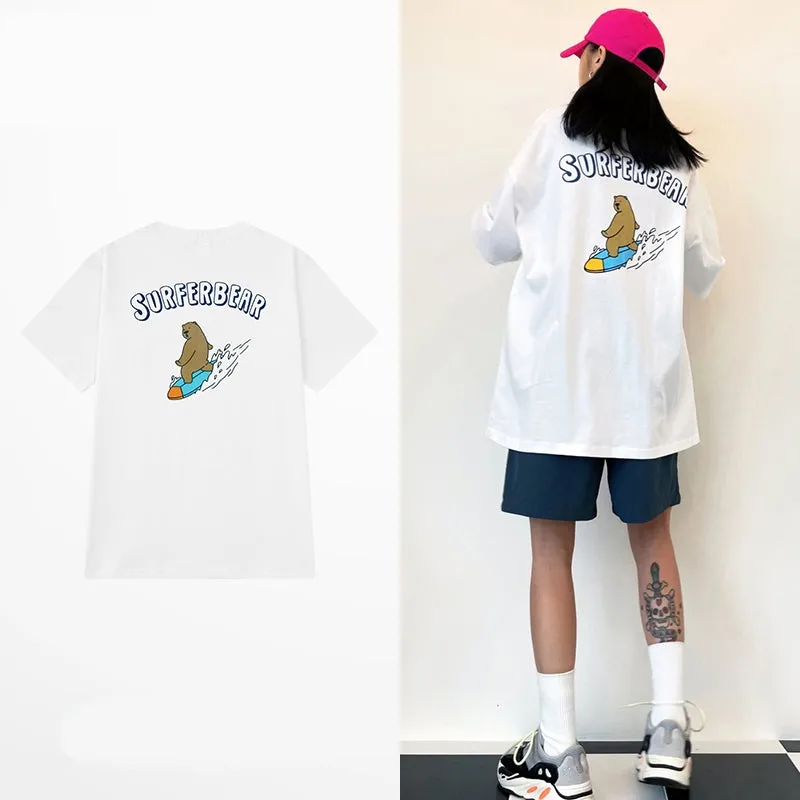 Summer American Cartoon Bear Print Loose T-shirt